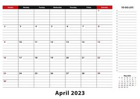 april 2023 maandelijks bureau stootkussen kalender week begint van zondag, grootte a3. vector