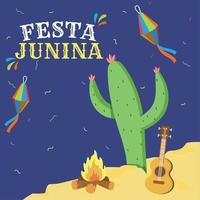 gekleurde poster met kampvuur cactus en een gitaar festa Junina sjabloon vector illustratie