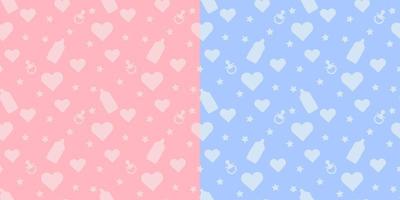 reeks kinderen schattig vector naadloos patroon met vormen van baby fles, fopspeen, hart Aan blauw en roze achtergrond