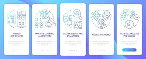 machine aan het leren ingenieur vaardigheden blauw helling onboarding mobiel app scherm. walkthrough 5 stappen grafisch instructies met lineair concepten. ui, ux, gui sjabloon. vector