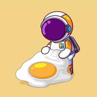 de astronaut is Holding een groot frituren ei en klaar naar eten het met rijst- vector