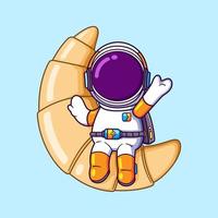de astronaut is zittend Aan een groot croissant en golvend hand- naar begroeten iemand vector