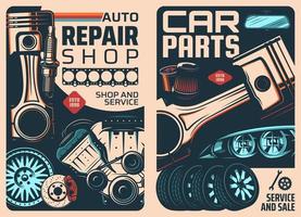 Reserve onderdelen winkel en auto onderhoud retro posters vector