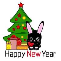 gelukkig nieuw jaar een schattig zwart konijn in de buurt een versierd Kerstmis boom met geschenken. Chinese nieuw jaar vector