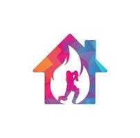 brand krekel speler vector logo ontwerp. krekel brand huis logo icoon. batsman spelen krekel en brand combinatie logo