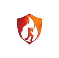 brand krekel speler vector logo ontwerp. krekel brand uitrusting logo icoon. batsman spelen krekel en brand combinatie logo.
