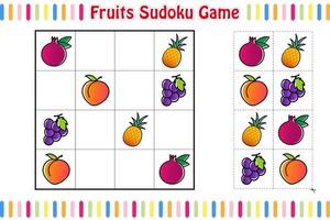 fruit sudoku spel, leerzaam kinderen spel afdrukbare werkblad, vector geïsoleerd illustratie.