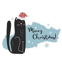 zwart kat in santas hoed. vrolijk Kerstmis groet kaart. vector illustratie met schattig huisdier voor nieuw jaar ontwerp en decoratie.