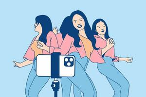 illustraties groep van mooi influencer meisje gelukkig opname dansen video met smartphone voor tiktok uitdaging vector