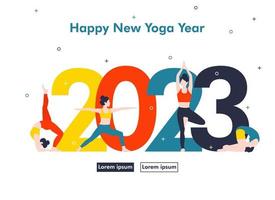 2023 yoga vector spandoek. selebration van nieuw jaar, webdesign, banier, poster. yoga vrouw. yoga poses