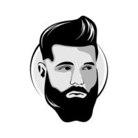 Mens gezicht met elegant haar- en dik baard voor kapperszaak logo. vector illustratie