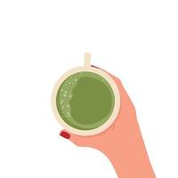 illustratie van een vrouw hand- met een mok van heerlijk matcha. de concept van mooi zo voeding en een gezond levensstijl. vector