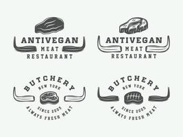 reeks van wijnoogst slagerij vlees, steak of bbq logo's, emblemen, insignes, etiketten. monochroom grafisch kunst. vector illustratie.