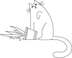 tekening schattig grappig kat liet vallen bloem pot. hand- getrokken met contour lijnen Aan wit achtergrond huisdier vector