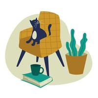 interieur. de kat is zittend Aan een fauteuil, een ingemaakt bloem en een boek Aan de vloer. vector afbeelding.