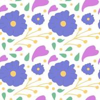 naadloos patroon met Purper bloemen en harten, groen bladeren en takjes. vector illustratie