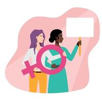 Dames met een poster in hand. Dames protest voor hun rechten en feminisme. vector illustratie in vlak tekenfilm stijl, geïsoleerd achtergrond.