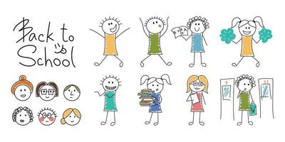 terug naar school. seth tekening grappig tekens schoolkinderen en leraren. vector illustratie