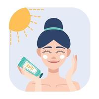 vlak illustratie vrouw duurt zorg van huid, zonnescherm spf room vector