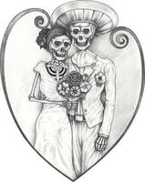 kunst paar in liefde bruiloft Mexicaans schedels. hand- tekening Aan papier. vector