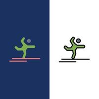 atleet gymnastiek het uitvoeren van uitrekken pictogrammen vlak en lijn gevulde icoon reeks vector blauw achtergrond