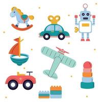 een verzameling van kinderen speelgoed. auto, robot, boot, vliegtuig vector
