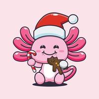 schattig axolotl aan het eten Kerstmis koekjes en snoep. schattig Kerstmis tekenfilm illustratie. vector