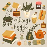 hygge herfst elementen set. schattig en knus vector set. illustratie van sjaals, wanten, koffie, winter Woud gebladerte en sterren.