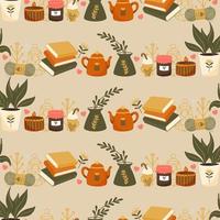 hygge herfst en winter patroon grens ontwerp. schattig en knus vector naadloos herhaling spandoek. illustratie van sjaals, wanten, koffie, winter bos- gebladerte en sterren.