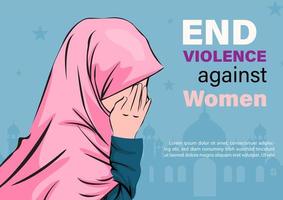 Dames slijtage khimar moslim kleren huilen met formulering over Internationale dag voor de eliminatie van geweld tegen vrouwen campagne en voorbeeld teksten Aan silhouet moskee en blauw achtergrond. vector