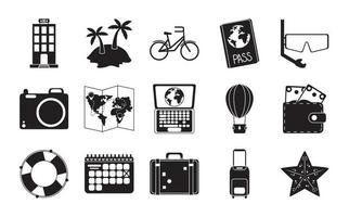 zomer reizen en vakantie in silhouet stijl geïsoleerd pictogrammen reeks vector