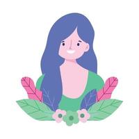 jong vrouw karakter bloemen bladeren gebladerte icoon ontwerp vector