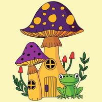 schattig Purper hoofd paddestoel huis met groen kikker en bladeren decoratie kleur illustratie artwork vector