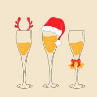 Champagne bril met Kerstmis accessoires. de kerstman hoed, hert hoorns, klokken vector