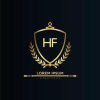 hf brief eerste met Koninklijk sjabloon.elegant met kroon logo vector, creatief belettering logo vector illustratie.