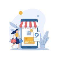 modern vlak ontwerp concept van online boodschappen doen met klein mensen, mobiel website ontwikkeling. ui en ux ontwerp vector