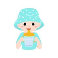 schattig baby jongen in Panama drinken water van beker. concept van een gezond levensstijl voor kinderen. vector illustratie in tekenfilm vlak stijl.