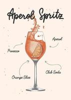 vector gegraveerde stijl aperol spritz alcoholisch cocktail illustratie voor affiches, decoratie, menu en afdrukken. hand- getrokken schetsen met belettering en recept, drank ingrediënten. gedetailleerd tekening.