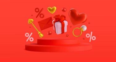 feestelijk achtergrond van kortingen voor Valentijnsdag dag met cadeaus en harten 3d. schattig modern vector banier uitverkoop voor geliefden