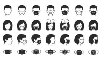 Mens en vrouw in medisch masker pictogrammen. zwart vector illustratie.