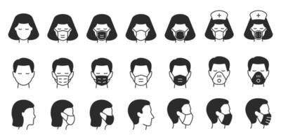 Mens en vrouw in medisch masker pictogrammen. zwart vector illustratie.