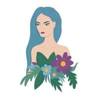 mooi jong meisje met blauw haar- en een boeket van bloemen. vector illustratie