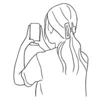 lijn kunst minimaal van jong vrouw gebruik makend van smartphone in hand- getrokken concept voor decoratie, tekening stijl vector