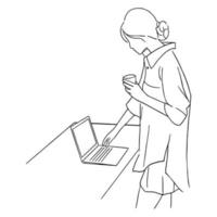 lijn kunst minimaal van vrouw gebruik makend van laptop in hand- getrokken concept voor decoratie, tekening stijl vector