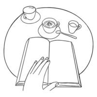 lijn kunst minimaal van mensen lezing boek met koffie tafel in cafe, tekening stijl hand- getrokken vector