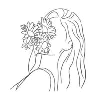 lijn kunst minimaal van vrouw Holding bloem in hand- getrokken concept voor decoratie, tekening hedendaags stijl vector