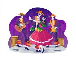 dag van dood, dia de los Muertos Mexicaans vakantie met dansen Catrina calavera en mariachi musicus skeletten met een sombrero spelen muziek. vector illustratie in vlak stijl