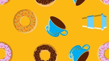 naadloos patroon, structuur van verschillend ronde zoet smakelijk donuts naar heet suikerachtig karamel chocola en een kop van heet snel sterk ochtend- koffie voor ontbijt Aan een geel achtergrond. vector illustratie