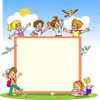 vector illustratie tekenfilm van kinderen Holding blanco teken spandoek. advertentie sjabloon.