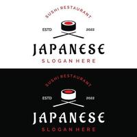 sushi logo sjabloon ontwerp.zeevruchten of traditioneel Japans keuken met Zalm, heerlijk food.logo voor Japans restaurant, bar, sushi winkel. vector